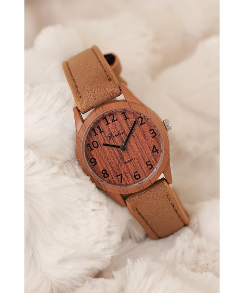 Deri Kordonlu Ahşap Görünümlü Kasa Bayan Saat