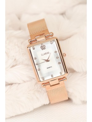 Rose Renk Hasır Metal Kordonlu Dikdörtgen Vintage Kasa Clsriss Bayan Saat