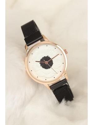 Mıknatıslı Hasır Metal Füme  Renk Kordonlu Desenli İç Tasarımlı Bayan Saat