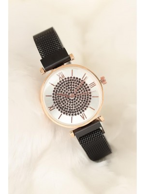 Mıknatıslı Hasır Metal Füme Renk Kordonlu Taşlı İç Tasarımlı Bayan Saat