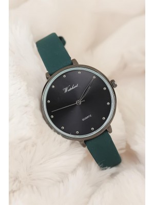 Nefti Yeşili Deri Kordonlu Füme Metal Kasa Bayan Saat