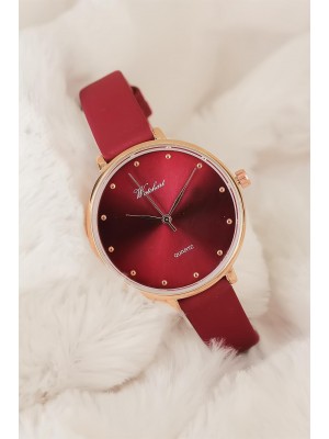 Bordo Deri Kordonlu Gold Metal Kasa Bayan Saat
