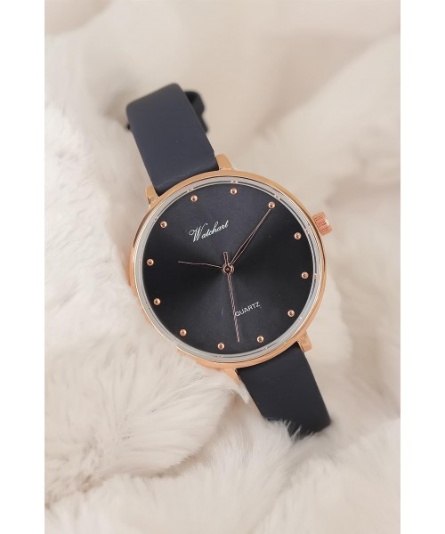Lacivert Deri Kordonlu Rose Metal Kasa Bayan Saat