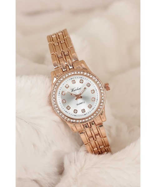 Rose Renk Metal Kordonlu Taşlı Kasa Bayan Saat