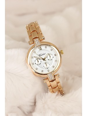 Gold Renk Metal Kordonlu Taş Detaylı Bayan Saat