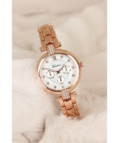 Rose Renk Metal Kordonlu Taş Detaylı Bayan Saat