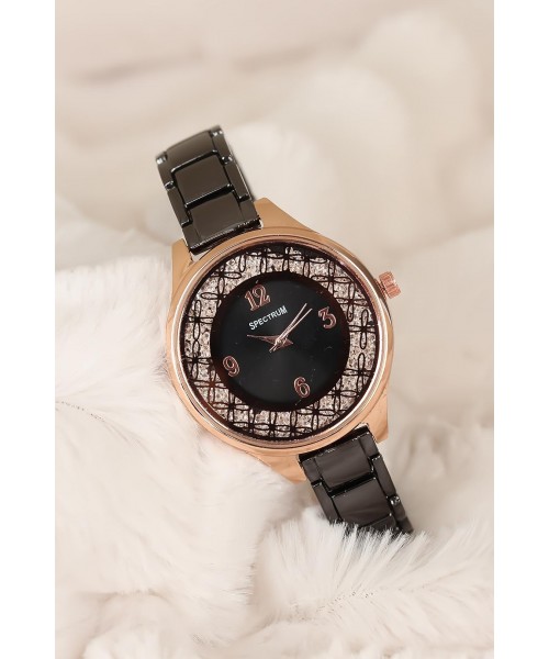 Desenli Rose Metal Kasa Füme Renk Metal Kordonlu Bayan Saat