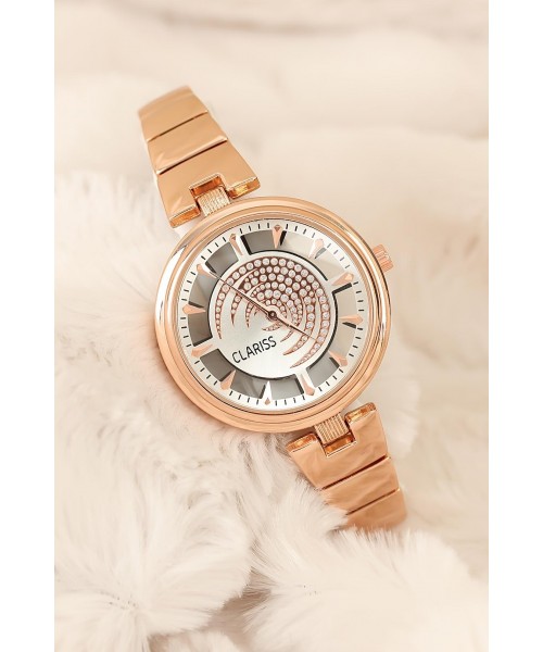 Rose Renk Metal Kordonlu Taşlı İç Tasarım Clariss Marka Bayan Kol Saati