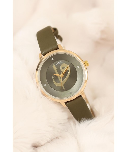 Yeşil Renk Deri Kordonlu Clariss Marka Elif Vav Bayan Saat