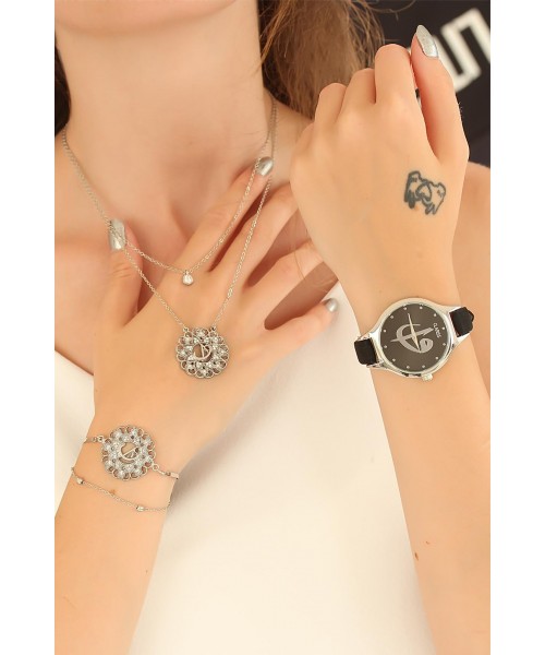 Siyah Renk Deri Kordonlu Elif Vav Clariss Saat Kolye Ve Bileklik Kombini