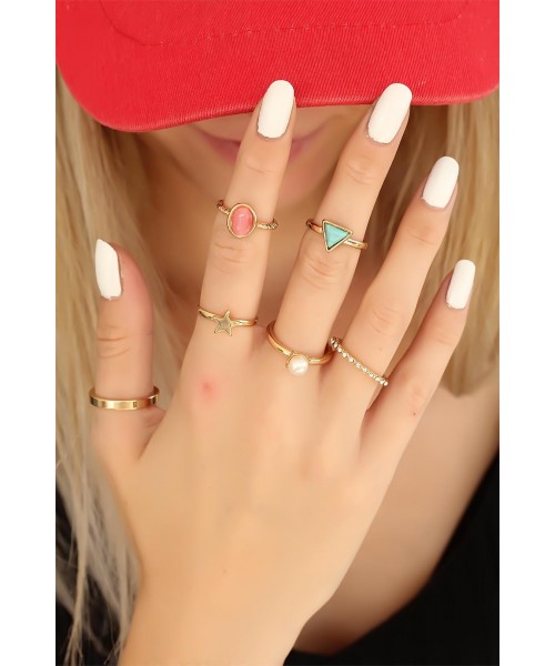 Trend Renkli Taşlı Gold Renk Metal Bayan Yüzük Seti Trend Renkli Taşlı Gold Renk Metal Bayan Yüzük Seti