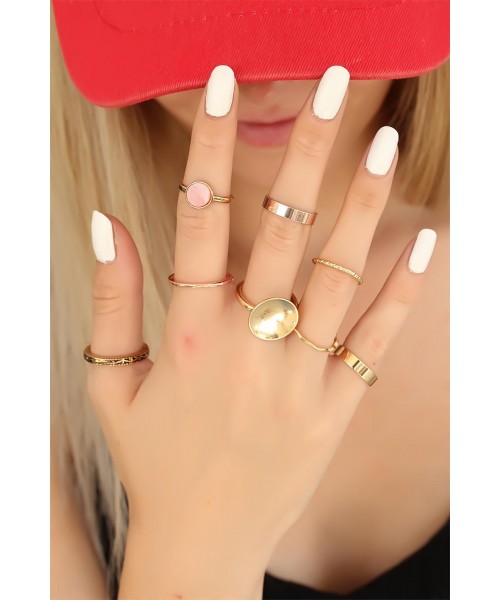 Trend Renk Taşlı Gold Renk Metal Bayan Yüzük Seti