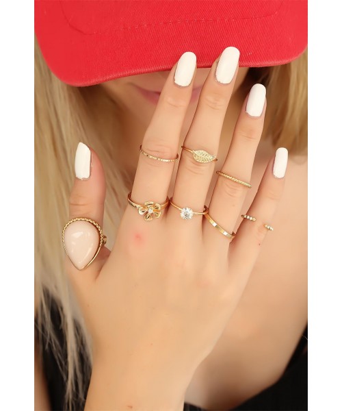 Trend Taşlı Gold Metal Bayan Yüzük Seti