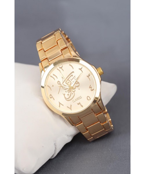 Gold Renk Kaplama Metal Kordonlu Kün Fe Yekün Figürlü Arapça Rakamlı Clariss Marka Bayan Kol Saati