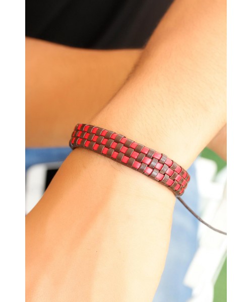 Kahverengi Kırmızı Dama Desenli Erkek Deri Bileklik