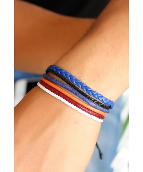 Renkli Tasarım Örgü Detaylı Erkek Deri Bileklik