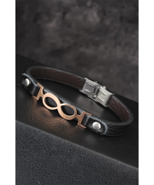 Rose Renk Sonsuzluk Figürlü Metal Aksesuarlı Siyah Renk Deri Erkek Bileklik
