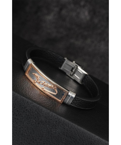 Rose Silver Renk Atatürk İmza Figürlü Metal Aksesuarlı Siyah Renk Deri Erkek Bileklik Rose Silver Renk Atatürk İmza Figürlü Metal Aksesuarlı Siyah Renk Deri Erkek Bileklik