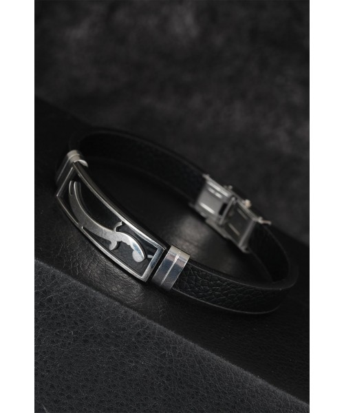 Silver Renk Zülfikar Kılıç Figürlü Metal Aksesuarlı Siyah Renk Deri Erkek Bileklik