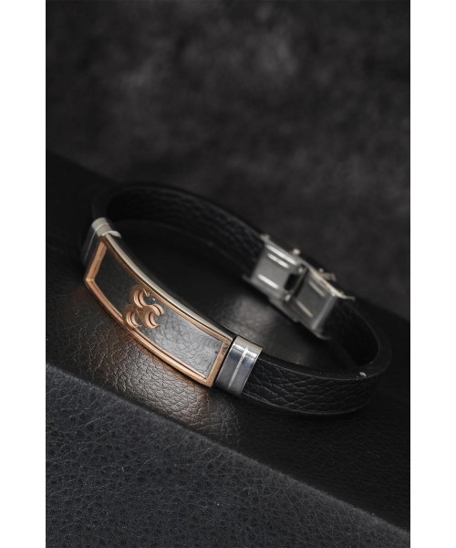 Rose Renk 3 Hilal Figürlü Metal Aksesuarlı Siyah Renk Deri Erkek Bileklik
