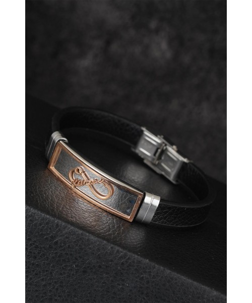 Rose Renk Sonsuzluk Ve İmza Figürlü Metal Aksesuarlı Siyah Renk Deri Erkek Bileklik