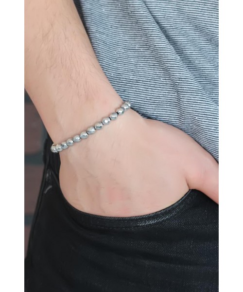 Silver Renk Metalik Hematit Doğal Taş Erkek Bileklik