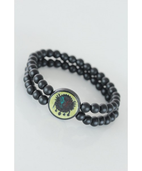 Sarı Renkli Metal Üzerine Osmanlı Arma Figürlü Siyah Renk Çift Sıra Doğal Taş Erkek Bileklik