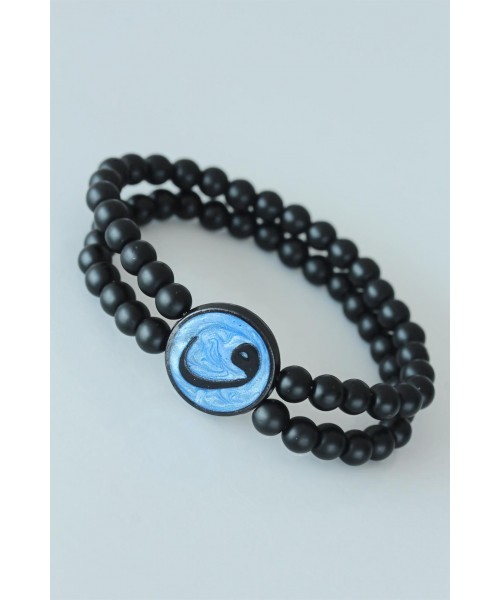 Vav Figürlü Açık Mavi Metal Aksesuarlı Çift Sıra Oniks Doğal Taş Erkek Bileklik