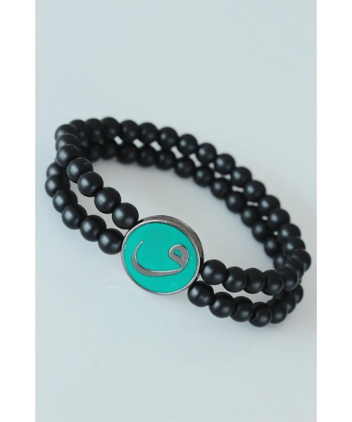 Vav Figürlü Yeşil Tasarımlı Metal Aksesuarlı Çift Sıra Oniks Doğal Taş Erkek Bileklik