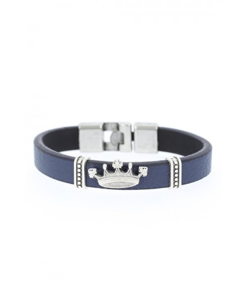 Silver Metal Taç Figürlü Aksesuar Tasarımlı Lacivert Deri Erkek Bileklik