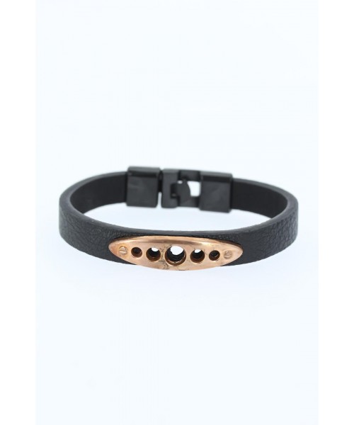 Rose Renk Metal Kaplama Aksesuar Tasarımlı Siyah Deri Erkek Bileklik