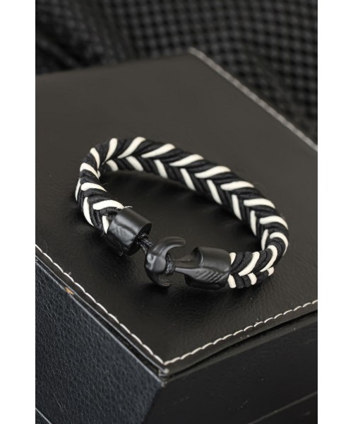 Siyah Beyaz Renk Metal Siyah Renk Çapa Aksesuarlı Erkek Bileklik