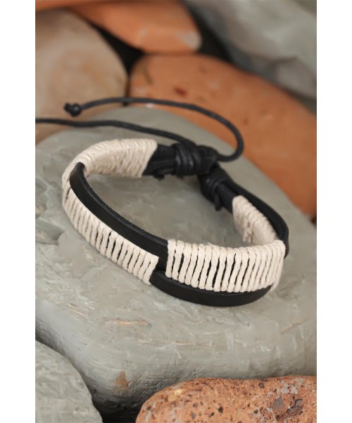 Siyah Krem İpli Tasarım Erkek Deri Bileklik
