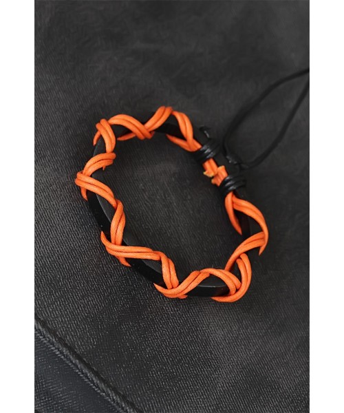Turuncu İpli Siyah Renk Deri Erkek Bileklik