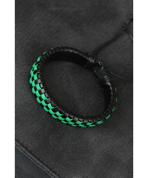 Yeşil Dama Desenli Siyah Renk Deri Erkek Bileklik