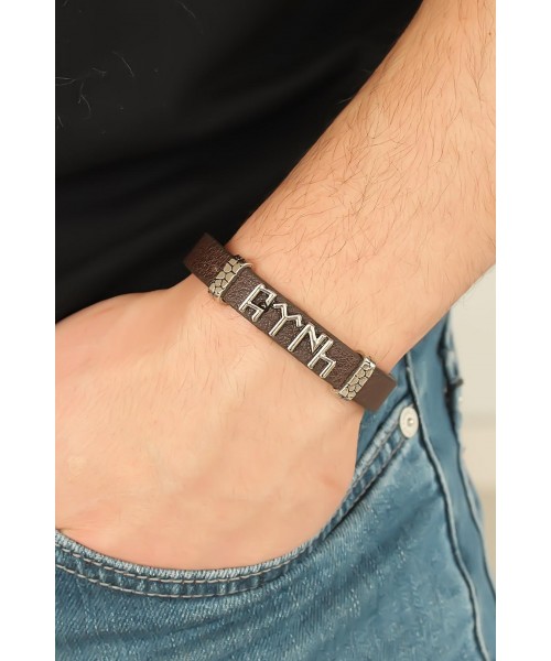 Silver Metal Göktürkçe Türk Yazı Aksesuarlı Kahverengi Deri Erkek Bileklik Silver Metal Göktürkçe Türk Yazı Aksesuarlı Kahverengi Deri Erkek Bileklik