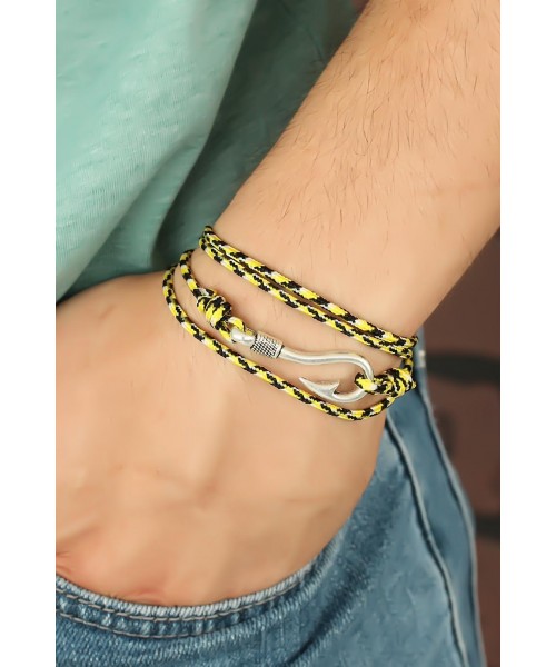 Sarı Renk Çizgi Desenli Metal Kancalı Erkek Bileklik