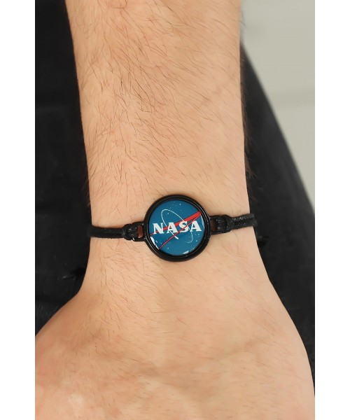 Siyah Deri Ayarlamlı İpli Nasa Erkek Bileklik