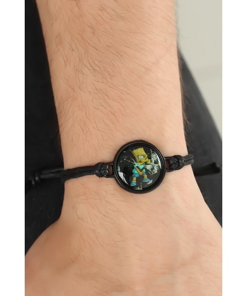 Siyah Renk Deri Ayarlamlı İpli Simpsons Erkek Bileklik