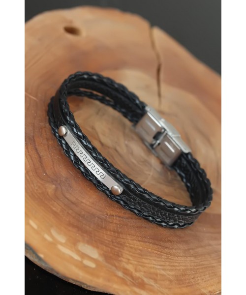 Silver Renk Metal Aksesuarlı Siyah Erkek Deri Bileklik