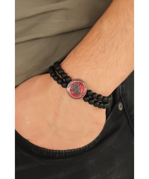 Osmanlı Tuğralı Bordo Metal Aksesuarlı Siyah Oniks Doğal Taş Erkek Bileklik