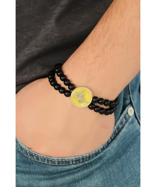 Osmanlı Tuğralı Sarı Renk Metal Aksesuarlı Siyah Oniks Doğal Taş Erkek Bileklik Osmanlı Tuğralı Sarı Renk Metal Aksesuarlı Siyah Oniks Doğal Taş Erkek Bileklik