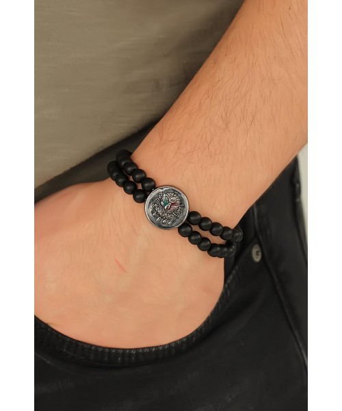 Osmanlı Armalı Metal Aksesuarlı Siyah Oniks Doğal Taş Erkek Bileklik