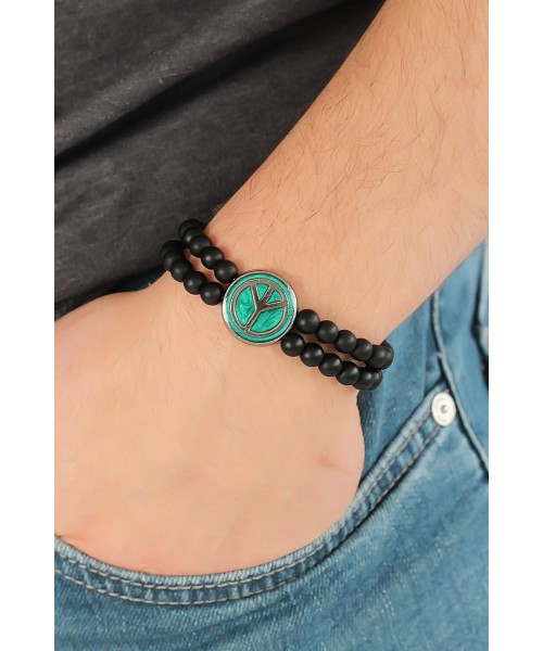 Yeşil Metal Barış Simgesi Tasarımlı Siyah Renk Mat Oniks Doğal Taş Erkek Bileklik
