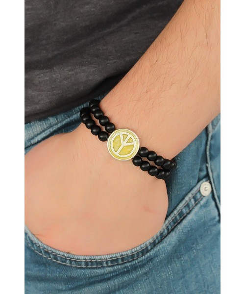 Sarı Metal Barış Simgesi Tasarımlı Siyah Renk Mat Oniks Doğal Taş Erkek Bileklik