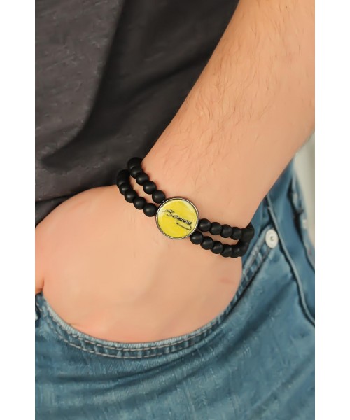 Sarı Renk Metal Atatürk İmzalı Çift Sıra Oniks Doğal Taş Erkek Bileklik