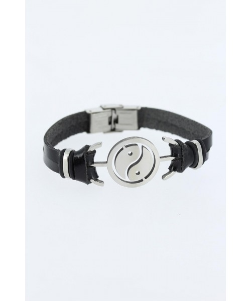 Silver Renk Yin Yang Figürlü Metal Aksesuarlı Siyah Renk Deri Erkek Bileklik