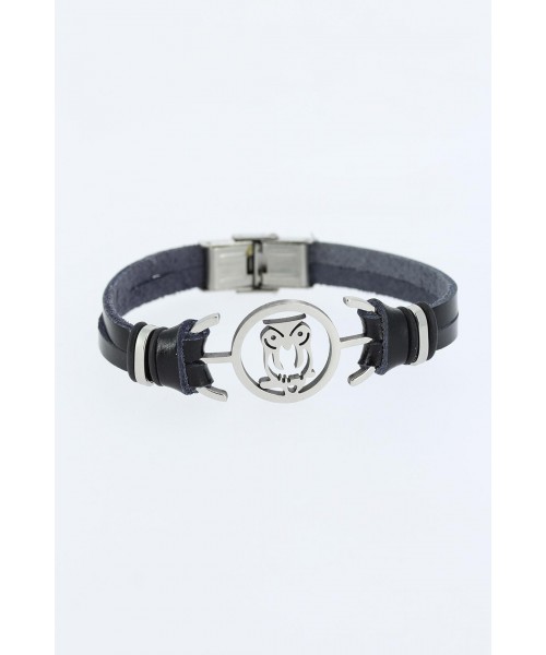 Silver Renk Baykuş Figürlü Metal Aksesuarlı Siyah Renk Deri Erkek Bileklik