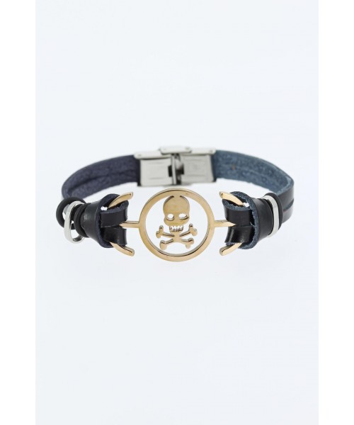 Rose Renk Kuru Kafa Figürlü Metal Aksesuarlı Siyah Renk Deri Erkek Bileklik