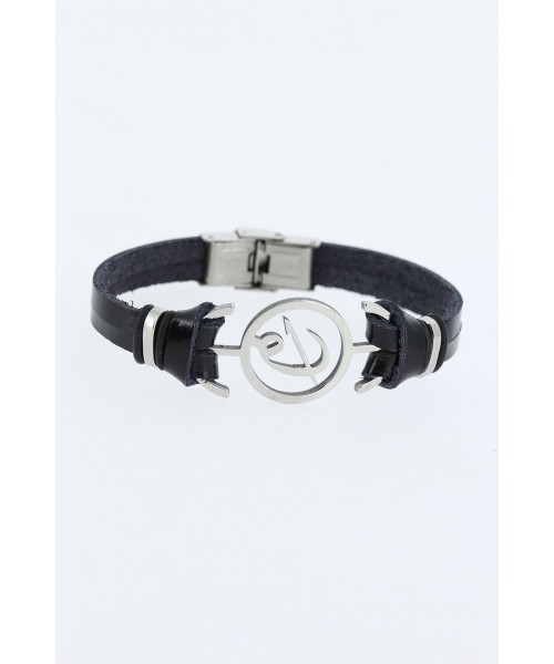 Silver Renk Elif Vav Figürlü Metal Aksesuarlı Siyah Renk Deri Erkek Bileklik